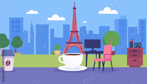 Stylized illustration of Parisian scenery with a coffee and workspace setup