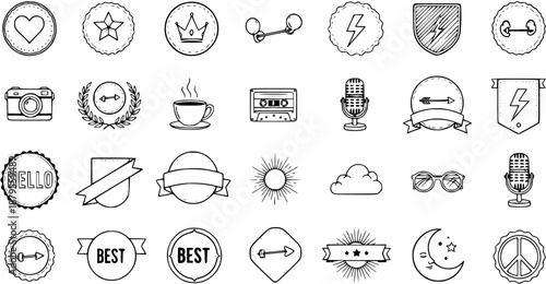 Hand-drawn Doodle Icons Set: Badges, Labels, Retro Tech, Nature, and Fitness Symbols Collection