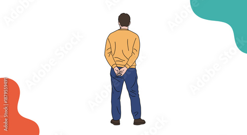 Full body rear view of a man standing still while wearing a yellow sweater and blue trousers with his hands clasped behind his back.