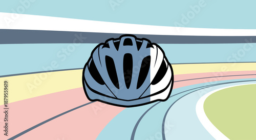 A bicycle helmet on a colorful track