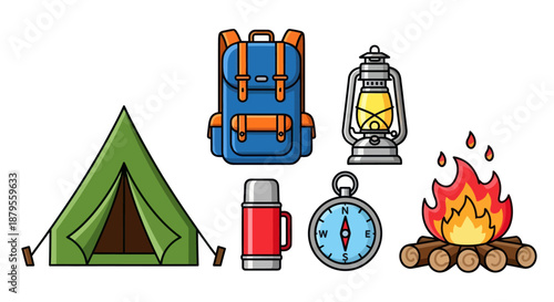 Collection of cartoon camping equipment for outdoor adventures.