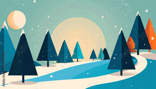 Stylized snowy mountain landscape with geometric trees, river, and sun