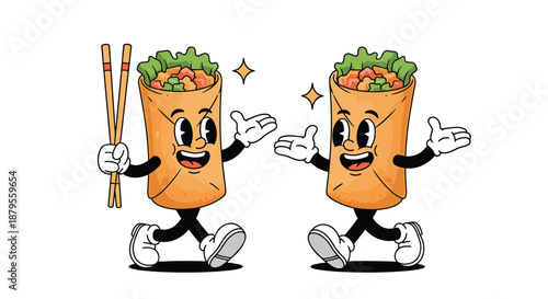 Two friendly spring roll characters walking together with one holding chopsticks in a vintage cartoon style on a white background.