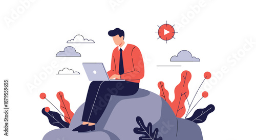 Modern man sitting on a large rock working on a laptop surrounded by stylized plants and clouds in a flat vector design for business.