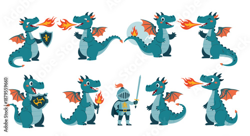 Collection of blue dragon characters in different poses breathing fire with a small knight character on a white background for kids.