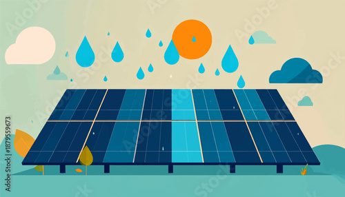 Stylized solar panels under a sky with rain and a sun