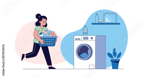 Active woman carrying a heavy basket of laundry while running toward a modern washing machine in a blue and pink room for home themes.