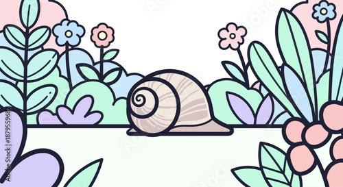 Cute snail surrounded by colorful flowers and plants.