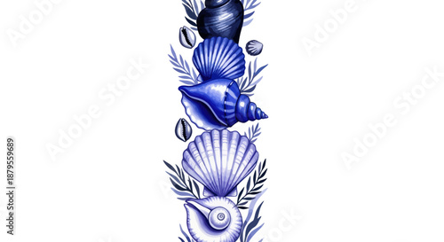 A vertical arrangement of blue seashells and foliage on a white background.