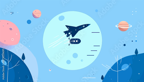 Stylized space scene with planets, rocket, and lunar landscape