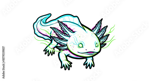 Stylized illustration of a cute white axolotl with glowing eyes and frills