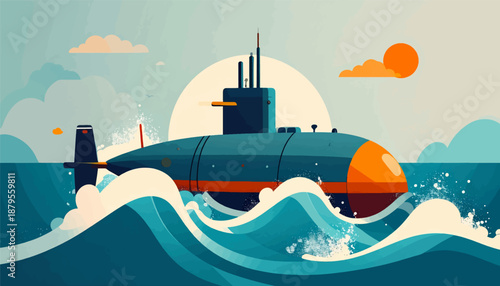 Stylized submarine navigates choppy turquoise waves under a warm, hazy sun
