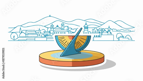 Stylized sundial in foreground, silhouetted town and mountains in background