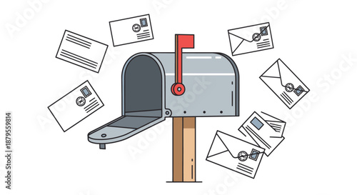 Mailbox overflowing with flying envelopes and letters.