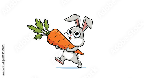 Cheerful rabbit character carrying a massive orange carrot on its shoulder while walking happily on a clean white background.