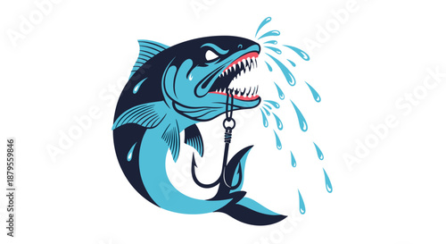 Powerful blue fish with sharp teeth jumping out of the water with a fishing hook in its mouth in a dynamic aquatic illustration.