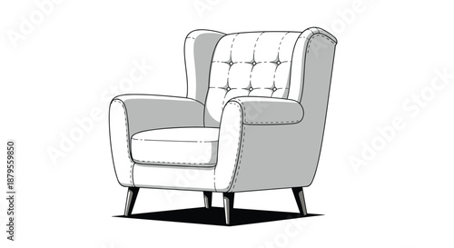 Elegant grey wingback armchair with tufted upholstery and wooden legs in a stylish hand-drawn sketch style for interior design.