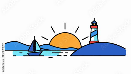 Stylized sunrise over a calm sea with a sailboat and lighthouse on a hill