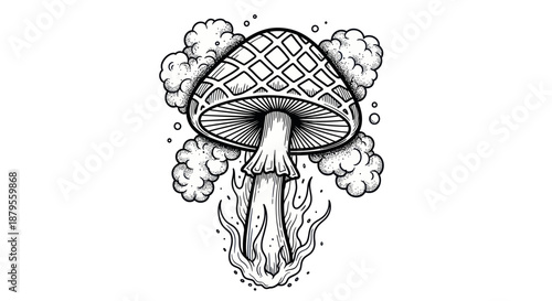Psychedelic mushroom with smoke and fire