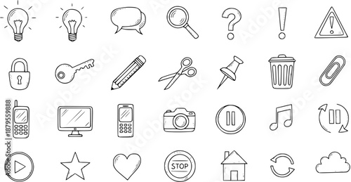 Hand-drawn Doodle Icons Set: A Sketchy Collection of Communication, Technology, Office, and Media Symbols for UI, Web, and General Design Elements.