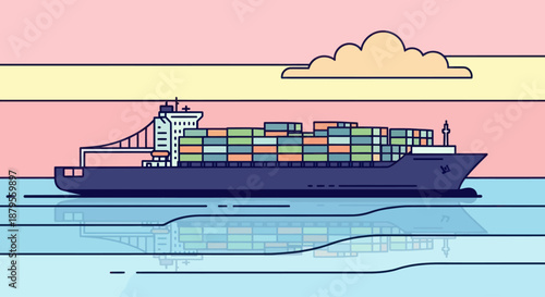 Large cargo ship carrying containers sails across the ocean.