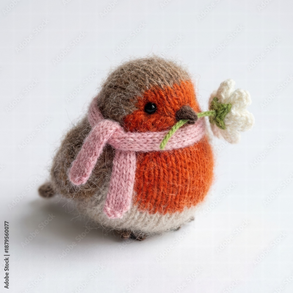 Fototapeta premium Knitted Bird with Flower in Scarf, Cute Toy Bird Decoration