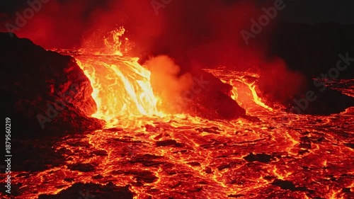 Fiery Lava Flowing Down Volcano Slope, Molten Rock, Volcanic Activity