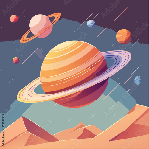 Saturn Planet with Rings and Moons Illustration.