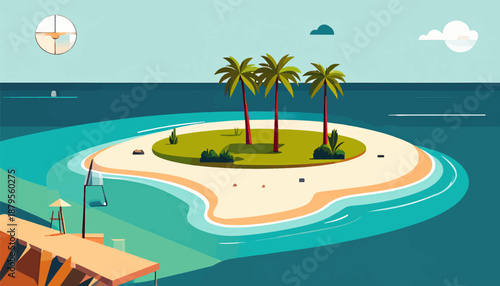 Stylized tropical island with palm trees, beach, and pier, set against a calm ocean backdrop