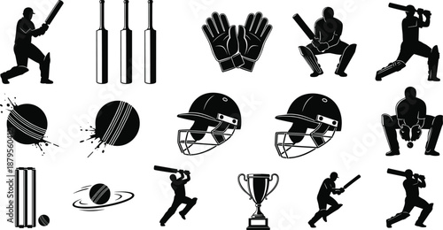 Cricket icons set, black silhouette vector, bats, balls, players, gloves, helmets, stumps, trophy, sports equipment, action poses