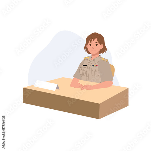 thai government employee woman in official uniform sitting at office desk