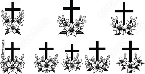Cross with lilies floral arrangement, Christian faith symbol illustration, elegant religious design for memorials, Easter themes, spiritual decoration vector artwork