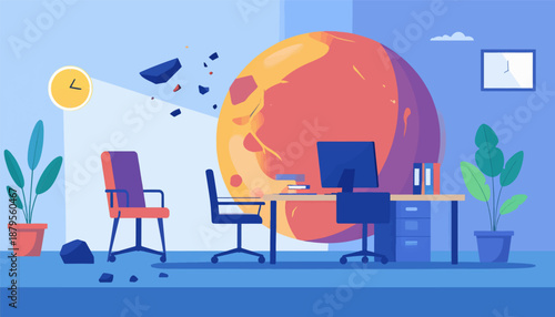 Surreal office scene with a large planet and scattered asteroids, desktop, chairs, plants, and clocks