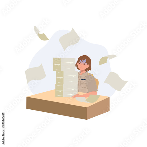 a government worker sitting at a desk surrounded by paperwork during working hours, showing heavy workload