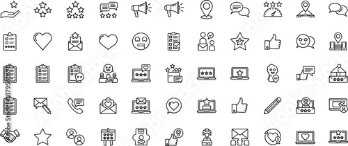 Customer review icons set, feedback and rating symbols, testimonial illustrations, survey and satisfaction elements, user experience evaluation graphics for business