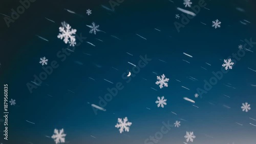 Falling snow and ice crystals on blue background