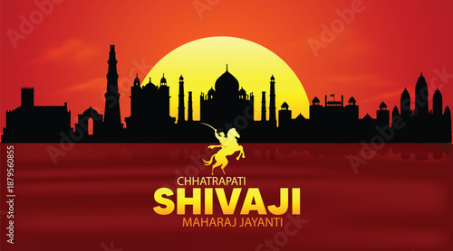 Chhatrapati Shivaji Maharaj Jayanti celebration background with silhouette of forts and monuments