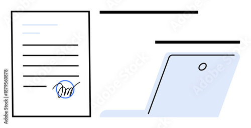 Document with signature and laptop screen symbolize digital workflow and contract management. Ideal for business, remote work, legal, documentation, digital agreements, technology, efficiency. Clean