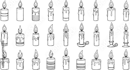 Hand-drawn sketch set of burning candles. Vector outline illustrations of various simple candle designs with dripping wax, isolated.