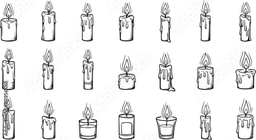 Collection of hand-drawn burning candles. Various shapes and styles, with flickering flames and melting wax. Detailed black and white line art sketches for different uses.