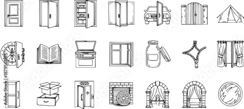 Line Art Icons of Openings and Access Points: Doors, Windows, Gates, Safes, Books, Car, Tent, Refrigerator, Oven, Boxes, Jars, Zippers, and Arches