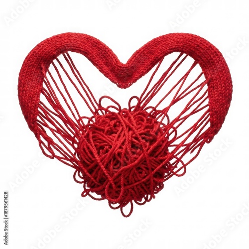 Creative Red Yarn Heart with Knitted Edges and Twisted Threads