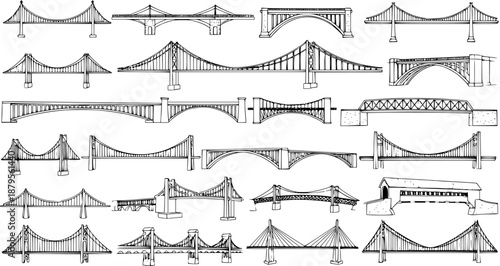Diverse Collection of Bridge Silhouettes in Line Art Style