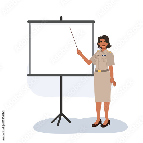 Government officer presenting information at an office briefing or public sector training using a presentation board