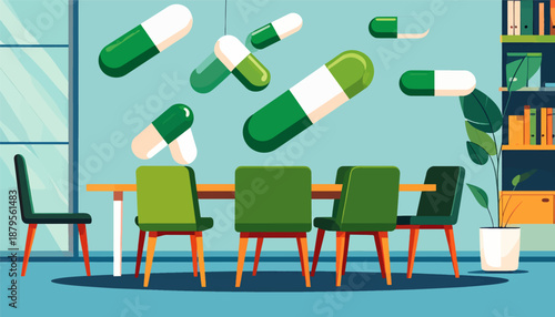Surreal scene of medicine capsules floating around a meeting room table with chairs