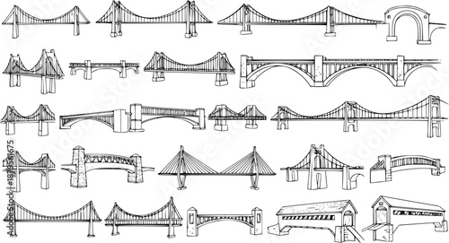 Detailed hand-drawn sketches of various bridge types, showcasing a diverse collection of architectural and engineering structures in a line art style.