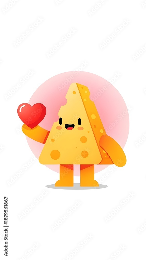 Fototapeta premium Charming cartoon cheese character expressing delightful affection, holding a vibrant red heart, ideal for themes of love, friendship, and heartwarming greetings
