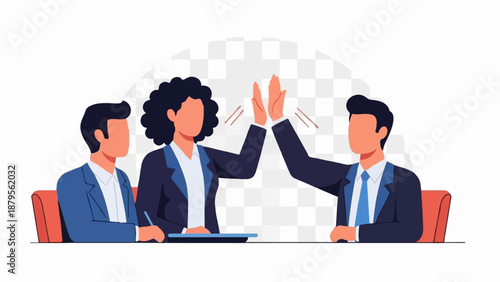 Three diverse people in suits celebrate success with a high five at a meeting table