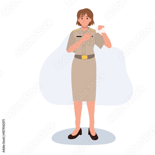 a female government officer or civil servant in uniform, standing and holding an ID card