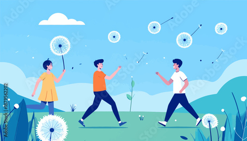 Three friends enjoying a bright day, blowing dandelion seeds under a clear blue sky